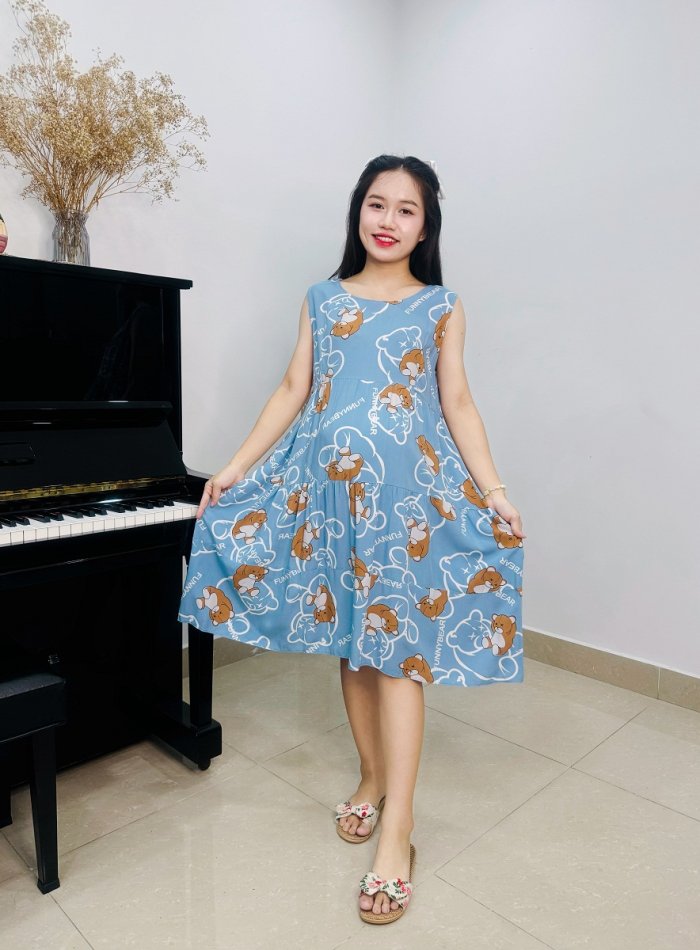 DMN019 - Đầm bầu sat nách cổ tròn hoạt hình