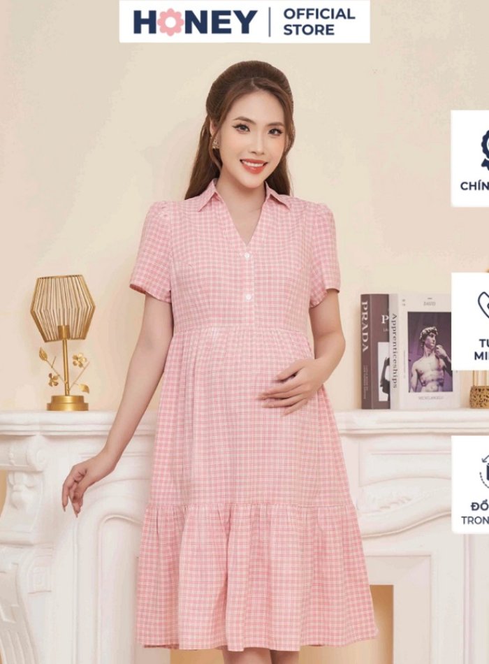 HNV1H242945-Váy bầu thời trang công sở dáng babydoll cố đức chất thô chun mềm mát 1 lớp